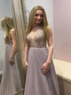 A Line Pleated V Neck Tulle Criss Cross Prom Dresses