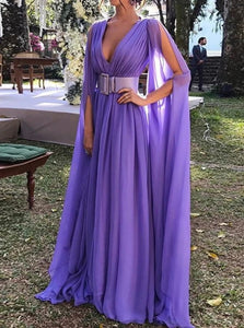 A Line V Neck Purple Chiffon Slit Sleeve Prom Dresses