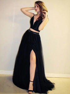 A Line Spaghetti Straps Black Two Piece Tulle Prom Dresses