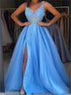 A Line V Neck Blue Tulle Sequins Prom Dresses