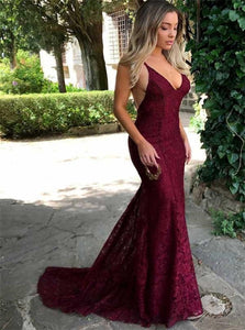 Mermaid Burgundy Lace V Neck Lace Up Prom Dresses