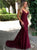 Mermaid Burgundy Lace V Neck Lace Up Prom Dresses