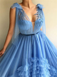 Tulle Deep V Neck Blue Sleeveless Layers Prom Dresses