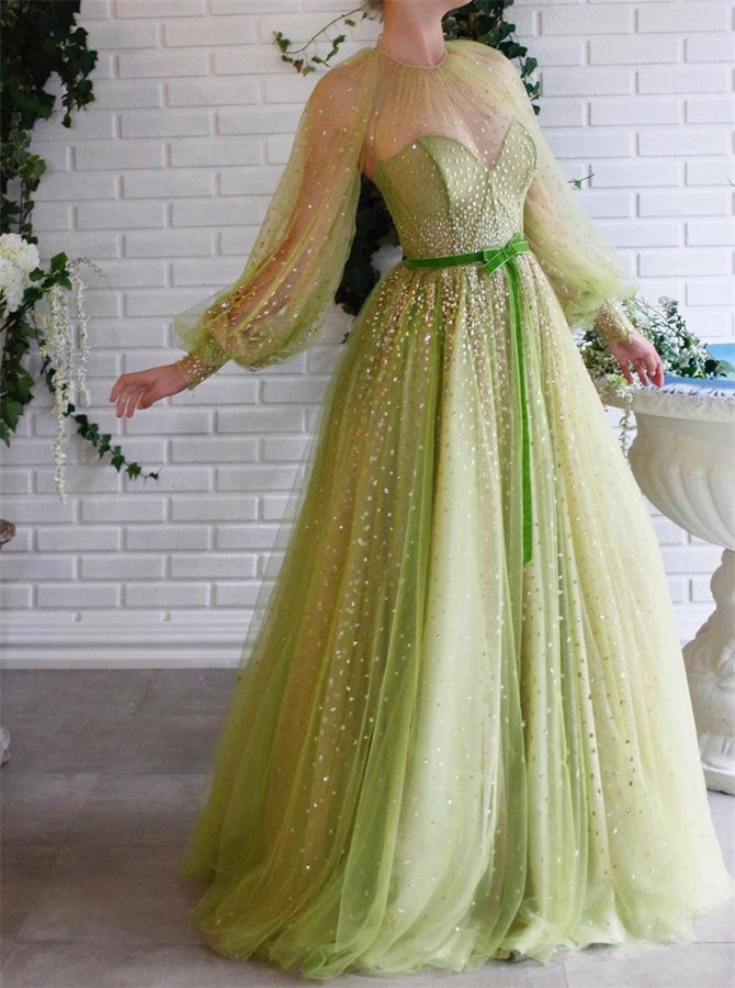A Line Tulle Long Sleeves Beadings Scoop Prom Dresses with Belt | Alinepromdress A Line Tulle Long Sleeves Beadings Scoop Prom Dresses with Belt | Alinepromdress