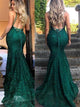 Green Lace V Neck Lace Up Prom Dresses 