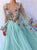 A Line Scoop Blue Tulle Floral Embroidered Puff Sleeves Prom Dresses