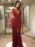 Mermaid Jewel Floor Length Dark Red Sequined Split Cut Out Prom Dress LBQ3129
