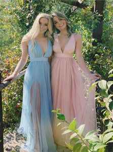 Pink Sweep Train Slit Evening Dresses