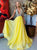 Yellow V Neck Rhinestone Sweep Train Prom Dresses 