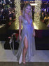 A Line V Neck Spaghetti Straps Silver Sequins Sparkle Prom Dress with Slit LBQ2019