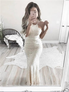 Mermaid Halter Floor Length Sleeveless Ivory Lace Prom Dresses