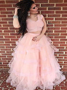 Two Piece Pink A Line Tulle Ruffles Prom Dresses 