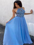 A Line Blue Beading Chiffon Halter Prom Dress LBQ2162