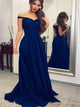 Off the Shoulder A Line Satin Sweep Train Prom Dresses with Pleats 