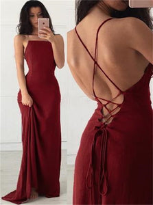 Burgundy A Line Satin Criss Cross Square Neck Prom Dresses