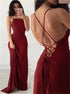 Burgundy A Line Satin Criss Cross Prom Dress LBQ0596