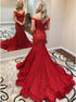 Mermaid Off the Shoulder Sweep Train Red Lace Prom Dress LBQ0918