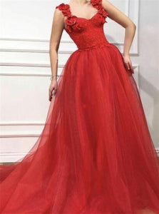 A Line Spaghetti Straps Red Tulle Prom Dresseses