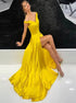 A Line Off Shoulder Yellow Satin Prom Dress with Slit LBQ3186