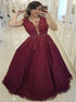 Ball Gown V Neck Tulle Red Prom Dress with Applique and Beading LBQ2213