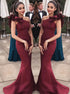 Burgundy One Shoulder Mermaid Long Evening Prom Dresses LBQ0897