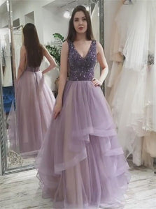 A Line Tulle Light Purple Ruffles Prom Dresses with Beadings