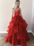 A Line Spaghetti Straps V Neck Red Ruffles Prom Dresses LBQ2182