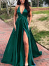 A Line V Neck Green Satin Prom Dresses with Slit LBQ2370