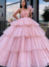 Pink Tulle One Shoulder Tiered Ball Gown Prom Dresses LBQ1809