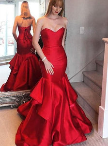 Red Mermaid Ruffles Sweetheart Satin Prom Dresses 