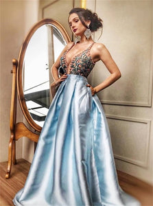 Sweep Train Blue Evening Dresses