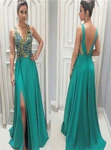 A Line V Neck Green Open Back Split Side Satin Prom Dresses with Appliques