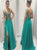 A Line V Neck Green Open Back Split Side Satin Prom Dresses with Appliques