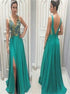 A Line V Neck Green Open Back Split Side Satin Prom Dresses with Appliques LBQ3089