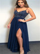  A Line Floor Length Tulle Navy Blue Prom Dresses with Beadings