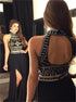 A Line Black Chiffon Two Pieces High Neck Prom Dress with Slit LBQ2530