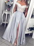 A Line Off Shoulder Grey Side Slit Appliques Satin Prom Dresses LBQ2000