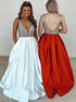 A Line Spaghetti Straps V Neck Sequins Open Back Satin Prom Dress with Pockets LBQ3014
