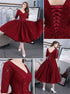 Half Sleeve V Neck Lace Up Back Lace Knee Length Prom Dress LBQ2039