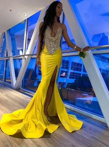 Mermaid Spaghetti Straps Sequins Yellow Satin Prom Dresses with Slit