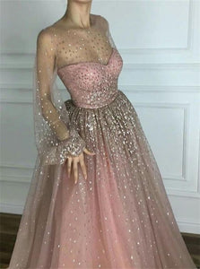  A Line Scoop Floor Length Tulle Pink Prom Dresses