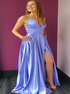 A Line Spaghetti Straps V Neck Satin Blue Prom Dresses with Slit LBQ2351