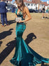 Mermaid V Neck Backless Turquoise Satin Prom Dress LBQ1379