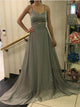 A Line Chiffon Silver Lace Up Pleats Prom Dresses 