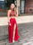 A Line Two Pieces High Neck Appliques Red Satin Prom dress LBQ2331