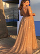 Gold V Neck Sequins Long 3/4-Length Sweep Train Prom Dresses