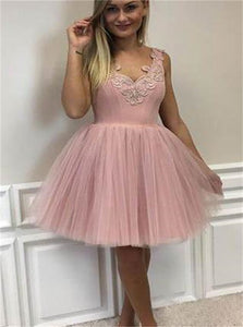 Mini Blush Pink V Neck Appliqued Tulle Prom Dresses 