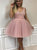 Mini Blush Pink V Neck Appliqued Tulle Prom Dresses 