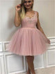 Mini Blush Pink V Neck Appliqued Tulle Prom Dresses 