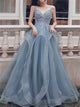 Spaghetti Straps A Line Appliques Dusty Blue Organza Prom Dresses